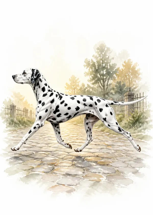 A Dalmatian trotting elegantly along a cobbled lane past iron railings and trees