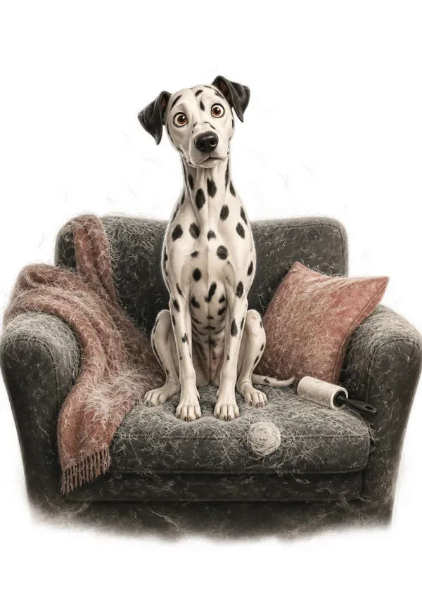 A Dalmatian sitting on a grey armchair covered in white dog hair with a lint roller beside it