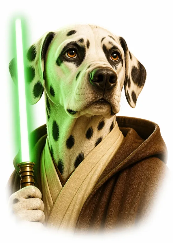 A Dalmatian wearing brown robes and holding a glowing green laser sword with a serious expression