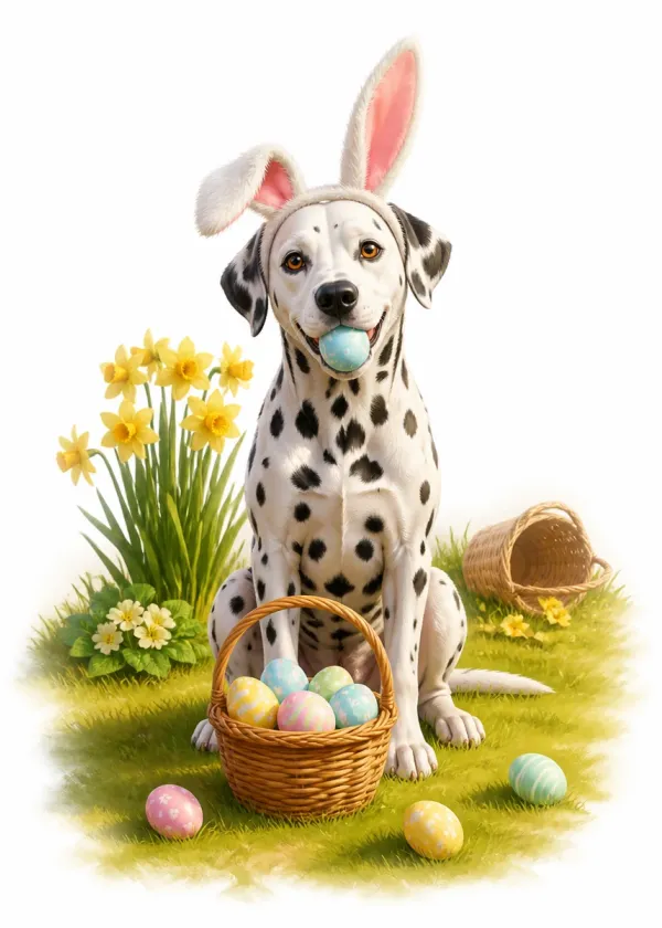 A Dalmatian wearing bunny ears holding a blue Easter egg in its mouth beside a basket of eggs and daffodils
