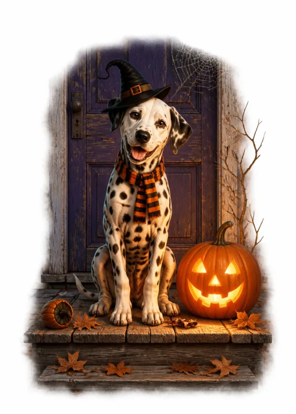 A Dalmatian in a witch's hat and striped scarf on a doorstep beside a glowing jack-o'-lantern