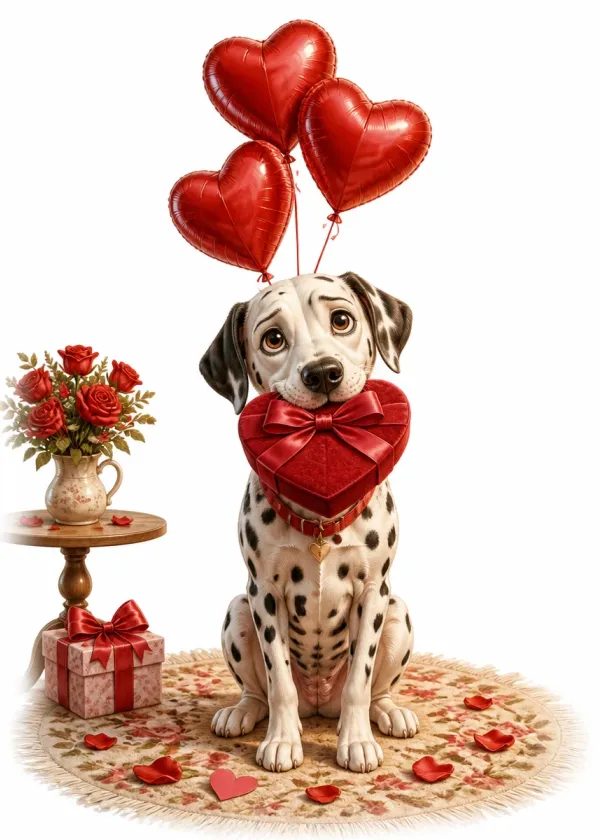 A Dalmatian holding a red heart-shaped gift box in its mouth under red heart balloons with roses around it