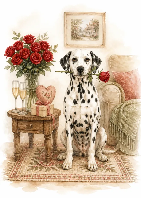 A Dalmatian holding a red rose in its mouth beside a table with a vase of roses and two champagne glasses