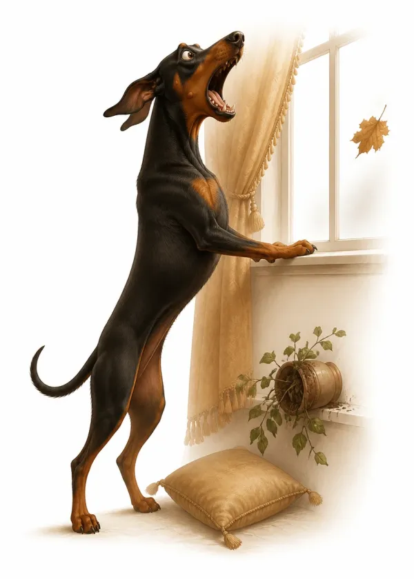 A Doberman standing on its back legs at a window barking at a falling autumn leaf