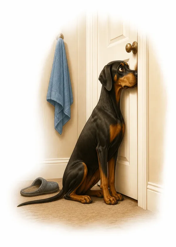 A Doberman sitting outside a closed bathroom door with its nose pressed to the gap
