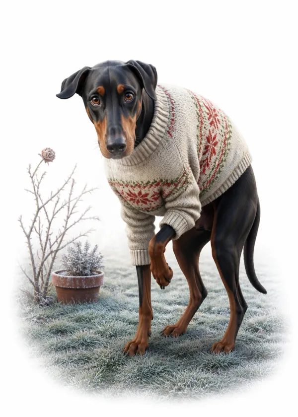 A Doberman in a Fair Isle jumper on a frosty lawn holding one paw up off the cold grass