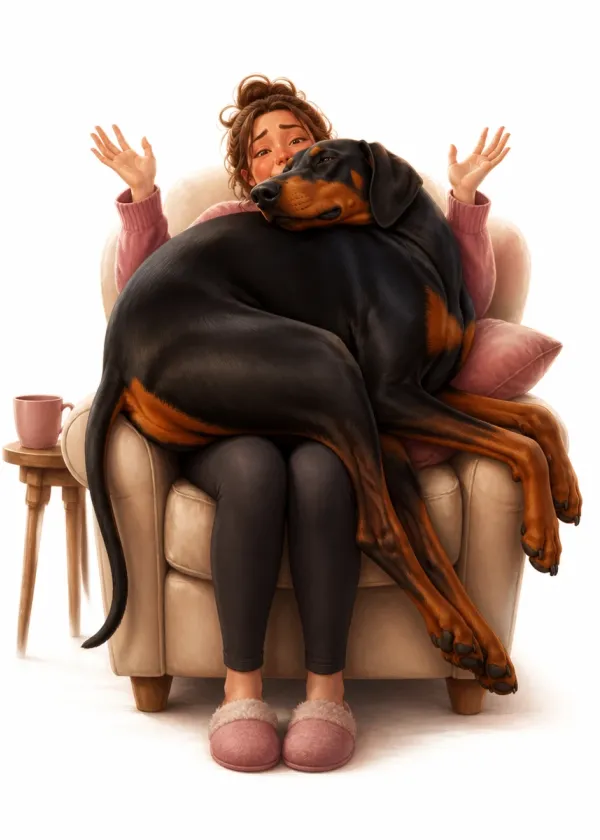 A large Doberman lying across a person's lap in an armchair with its eyes closed as they throw up their hands