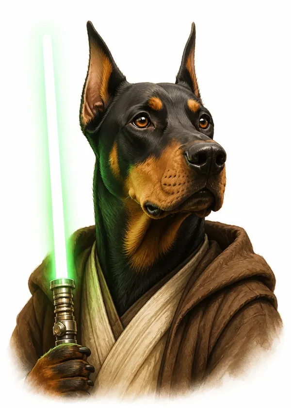 A Doberman wearing brown robes and holding a glowing green laser sword with a serious expression