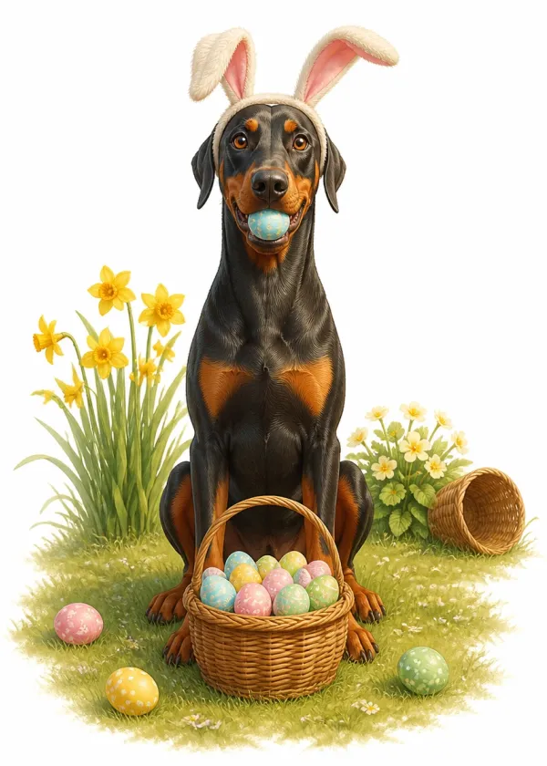 A Doberman wearing bunny ears holding a blue Easter egg in its mouth beside a basket of eggs and daffodils