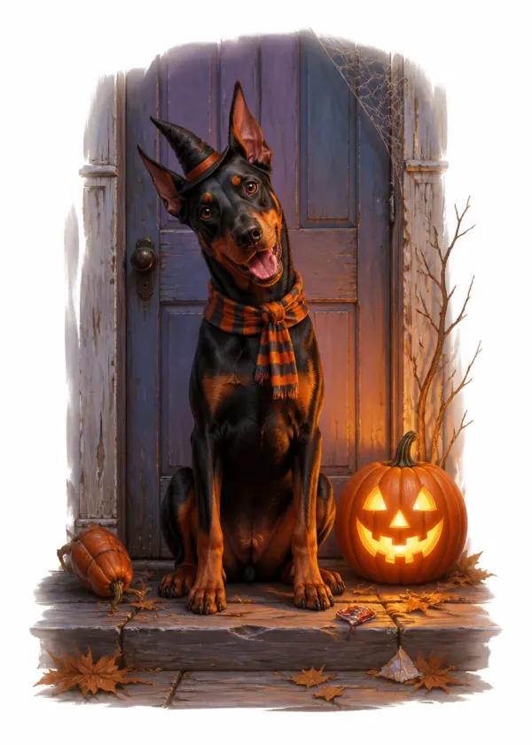 A Doberman in a witch's hat and striped scarf on a doorstep beside a glowing jack-o'-lantern