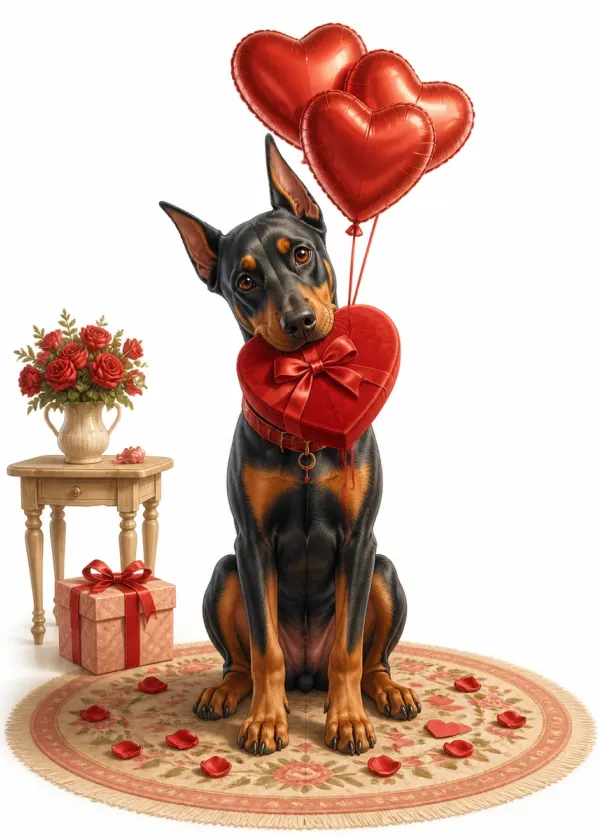 A Doberman holding a red heart-shaped gift box in its mouth under red heart balloons with roses around it