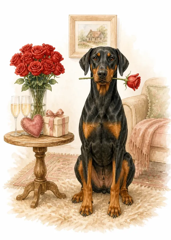 A Doberman holding a red rose in its mouth beside a table with a vase of roses and two champagne glasses