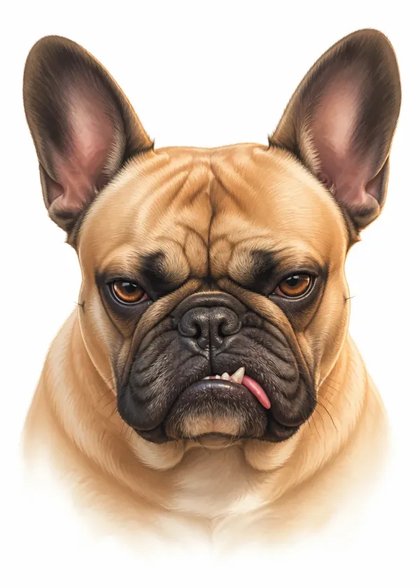 A close-up of a fawn French Bulldog with a furrowed brow a grumpy look and a tongue poking out