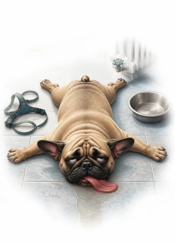 A French Bulldog lying flat on kitchen tiles with its legs spread and tongue out beside a harness and water bowl