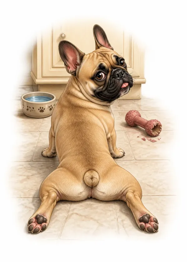 A French Bulldog sitting with its back legs splayed out behind it on a kitchen floor looking over its shoulder
