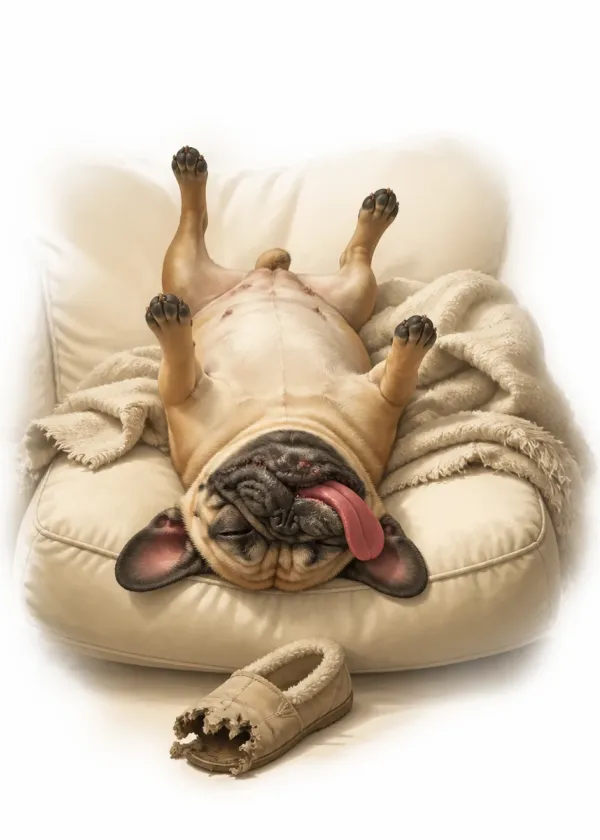 A French Bulldog asleep upside down on a sofa with its legs in the air and tongue hanging out