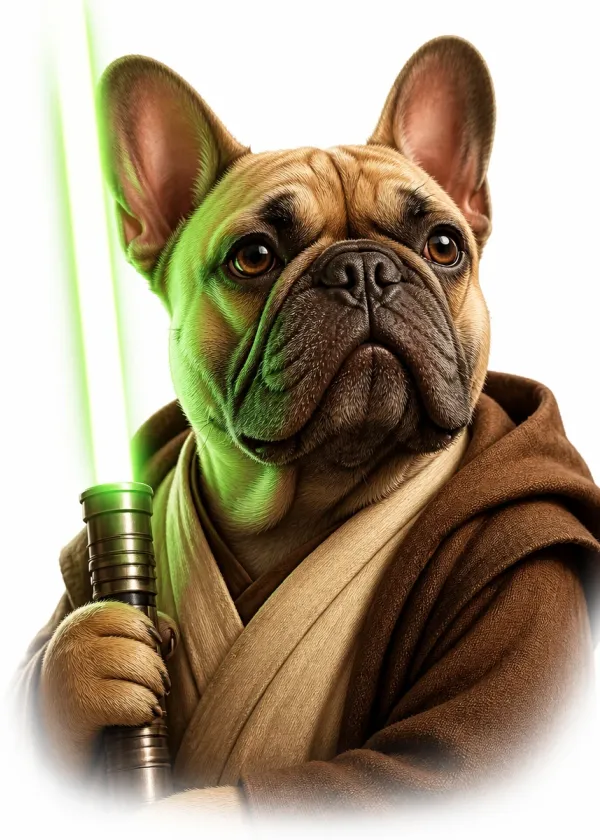 A French Bulldog wearing brown robes and holding a glowing green laser sword with a serious expression