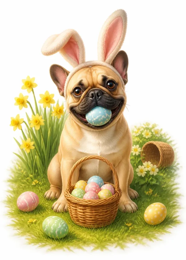 A French Bulldog wearing bunny ears holding a blue Easter egg in its mouth beside a basket of eggs and daffodils