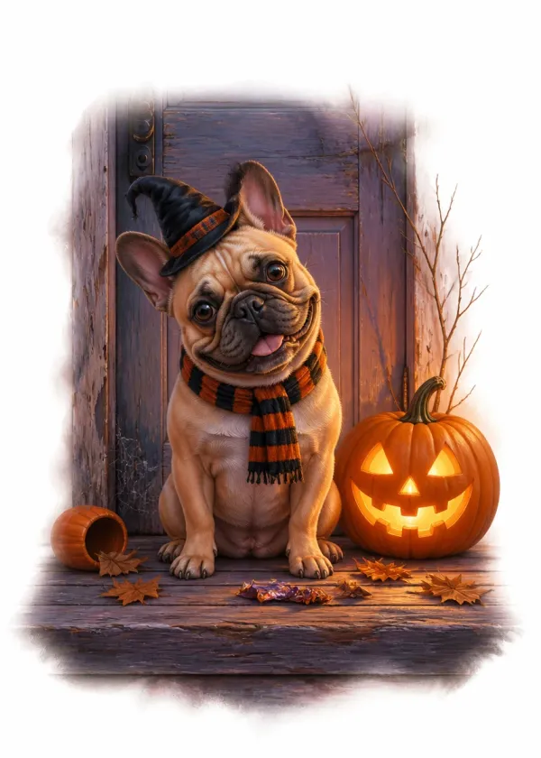 A French Bulldog in a small witch's hat and striped scarf on a doorstep beside a glowing jack-o'-lantern