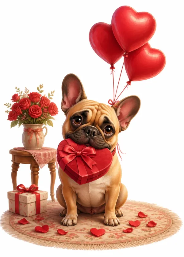 A French Bulldog holding a red heart-shaped gift box in its mouth under red heart balloons with roses around it