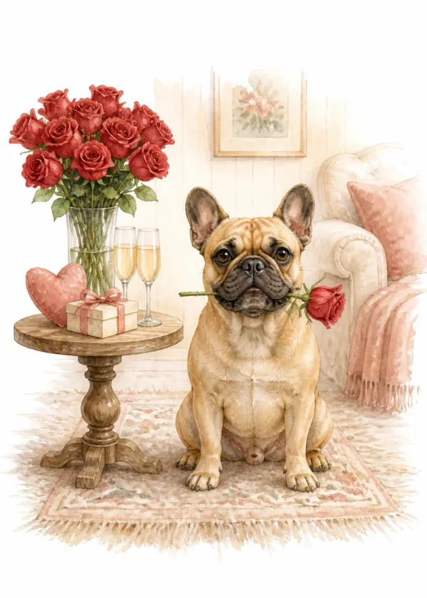 A French Bulldog holding a red rose in its mouth beside a table with a vase of roses and two champagne glasses