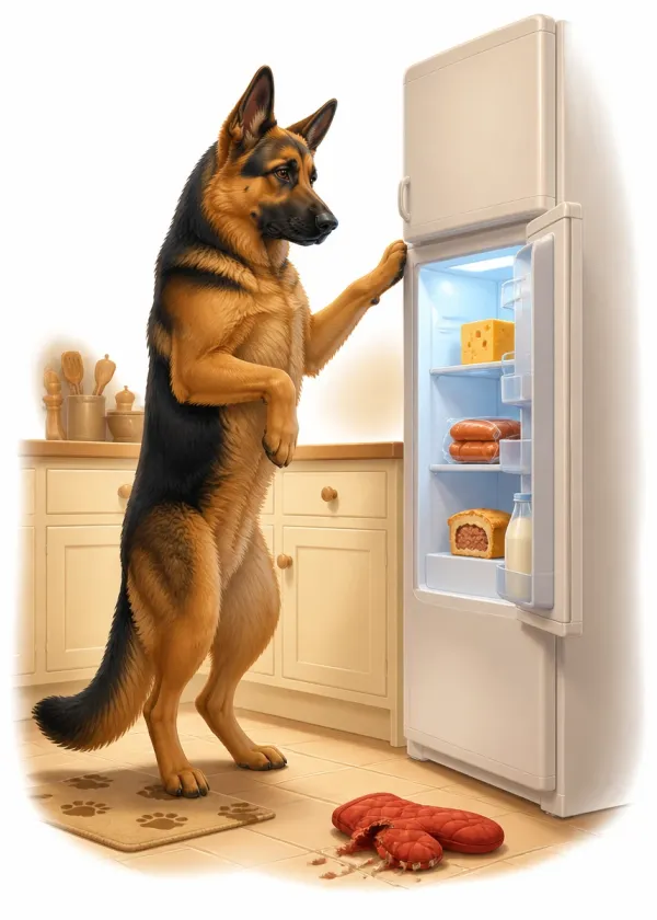 A German Shepherd standing on its back legs at an open fridge looking at the food inside