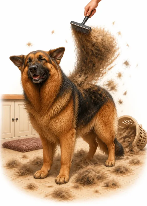 A German Shepherd being brushed with clouds of shed fur flying off and piles of hair on the floor