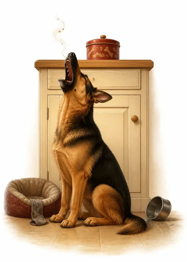 A German Shepherd sitting by a kitchen cupboard howling up at a treat tin on top