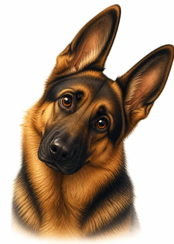 A close-up of a German Shepherd tilting its head to one side with its ears pricked