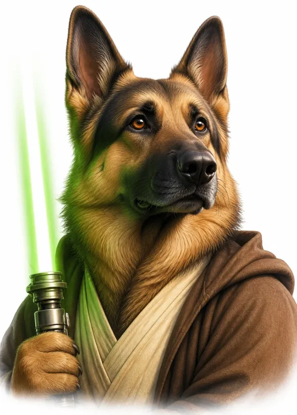 A German Shepherd wearing brown robes and holding a glowing green laser sword with a determined expression