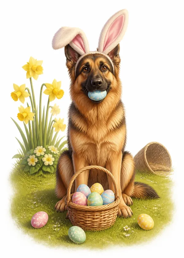 A German Shepherd wearing bunny ears holding a blue Easter egg in its mouth beside a basket of eggs