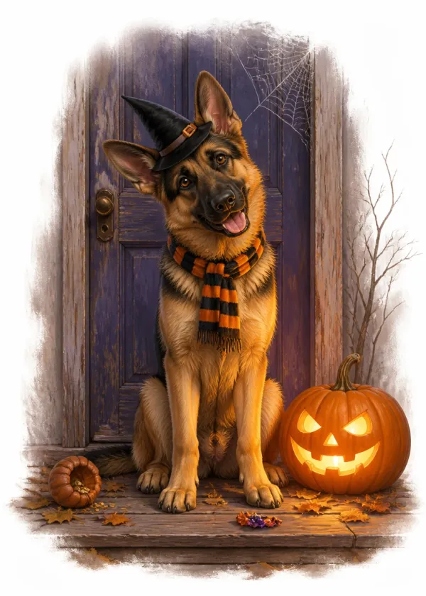 A German Shepherd in a witch's hat and striped scarf on a doorstep beside a glowing jack-o'-lantern