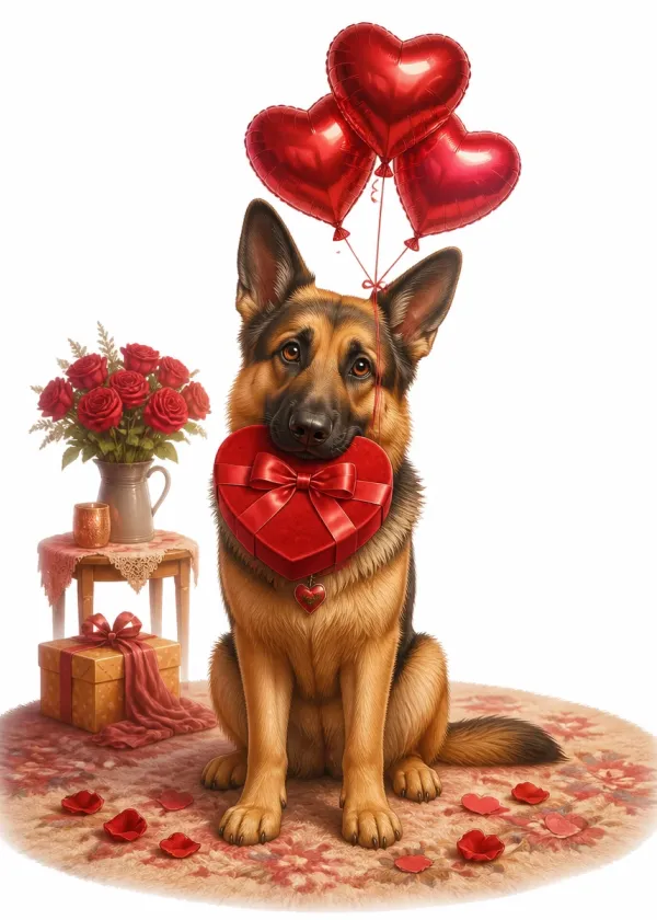 A German Shepherd holding a red heart-shaped gift box in its mouth under red heart balloons with roses