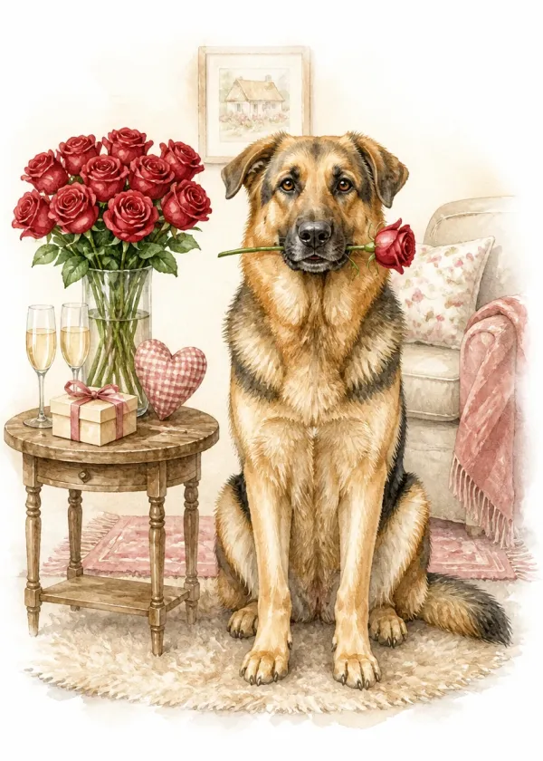 A German Shepherd holding a red rose in its mouth beside a table with a vase of roses and two champagne glasses