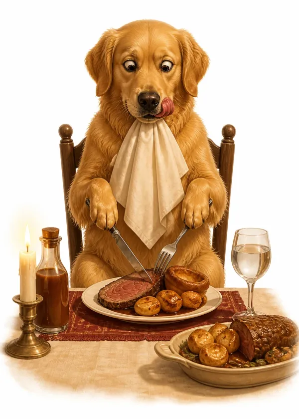 A Golden Retriever at a dining table with a napkin tucked in holding a knife and fork over a roast dinner