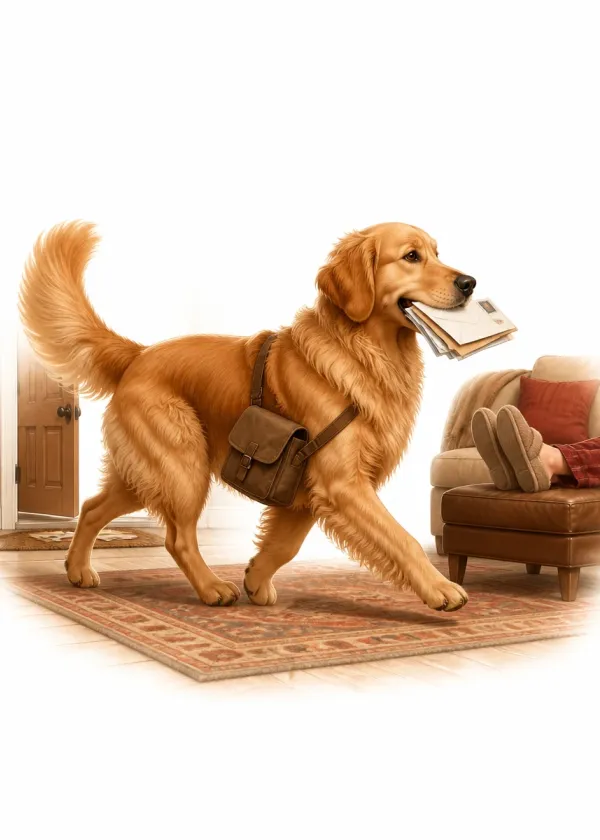 A Golden Retriever wearing a satchel trotting across a living room with letters in its mouth