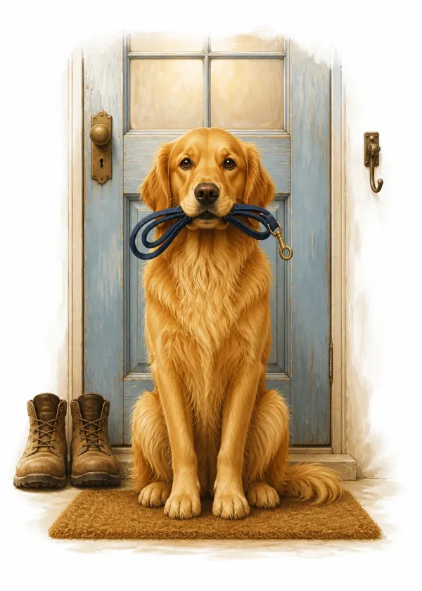 A Golden Retriever sitting by the front door holding its lead in its mouth beside a pair of walking boots