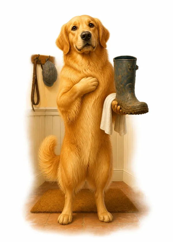 A Golden Retriever standing on its back legs holding a muddy wellington boot and a towel by the back door