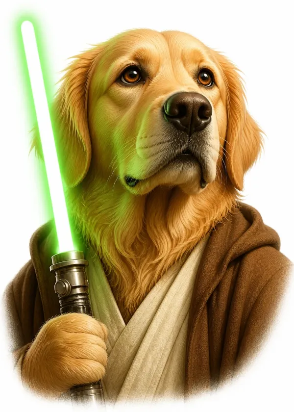 A Golden Retriever wearing brown robes and holding a glowing green laser sword with a wise expression