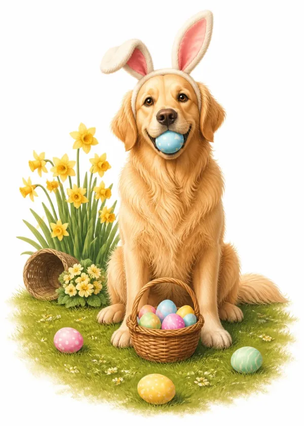 A Golden Retriever wearing bunny ears holding a blue Easter egg in its mouth beside a basket of eggs