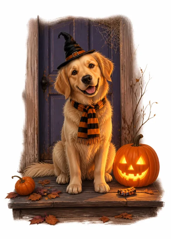 A Golden Retriever in a witch's hat and striped scarf on a doorstep beside a glowing jack-o'-lantern