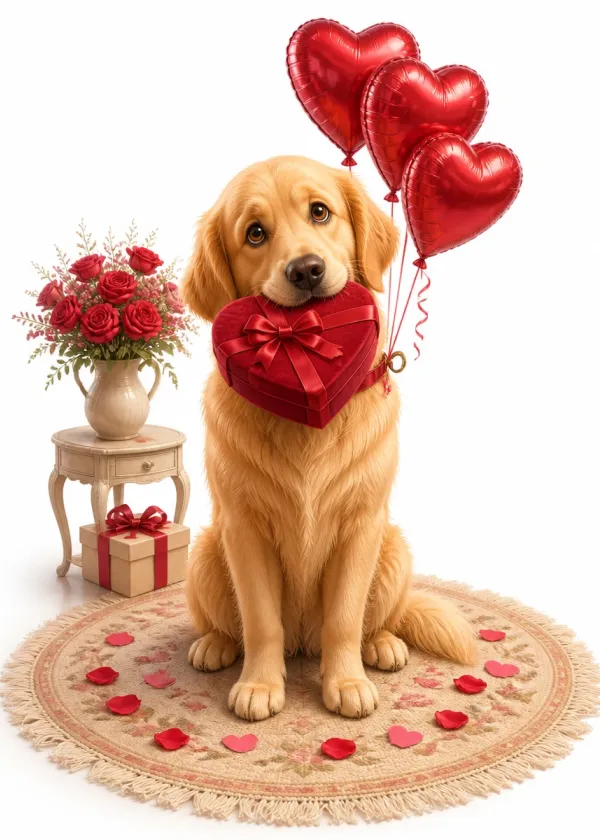 A Golden Retriever holding a red heart-shaped gift box in its mouth under red heart balloons with roses