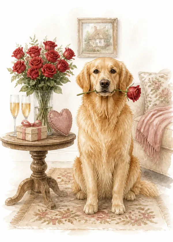 A Golden Retriever holding a red rose in its mouth beside a table with a vase of roses and two champagne glasses