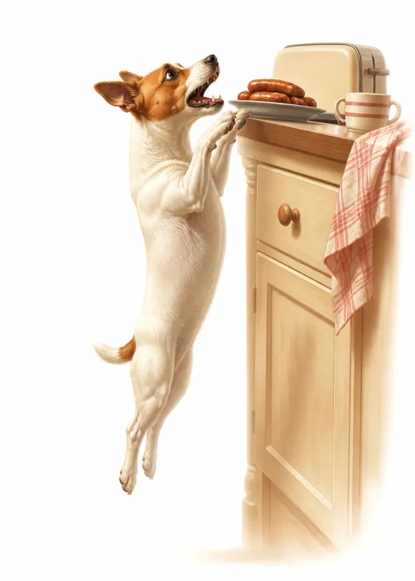 A Jack Russell leaping up at a kitchen worktop trying to reach a plate of sausages