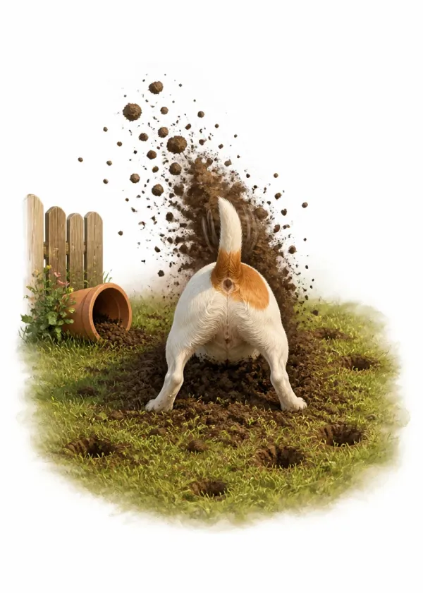 A Jack Russell digging furiously in a lawn with soil flying up into the air