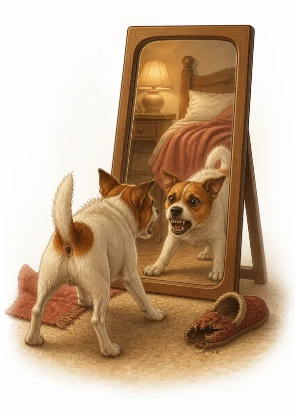 A Jack Russell squaring up and snarling at its own reflection in a bedroom mirror