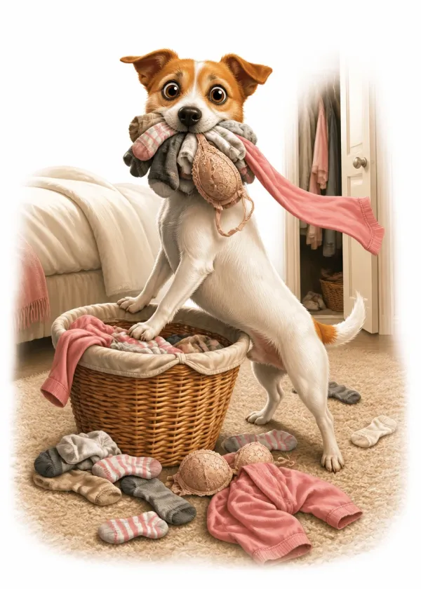 A Jack Russell standing in a laundry basket with a mouthful of socks and clothes strewn across the floor