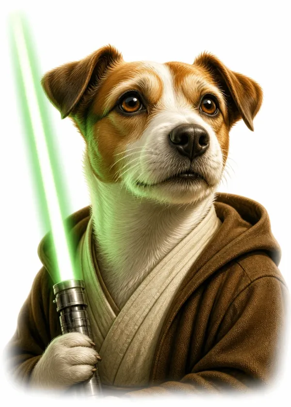 A Jack Russell wearing brown robes and holding a glowing green laser sword with a serious expression