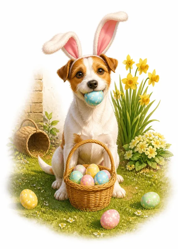 A Jack Russell wearing bunny ears holding a blue Easter egg in its mouth beside a basket of eggs and daffodils