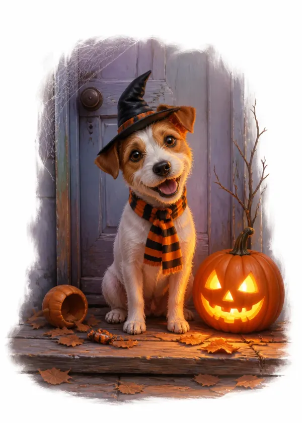 A Jack Russell in a witch's hat and striped scarf on a doorstep beside a glowing jack-o'-lantern